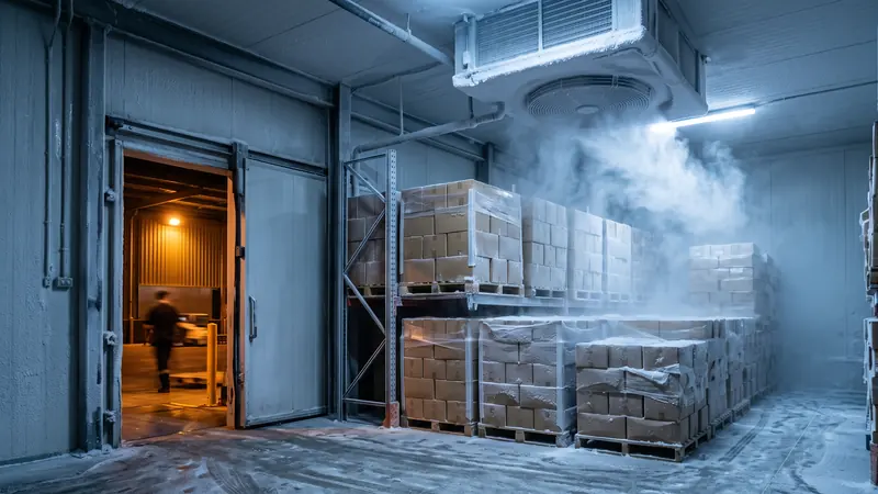 Frozen cartons on pallets in a blast freezer room with icy mist