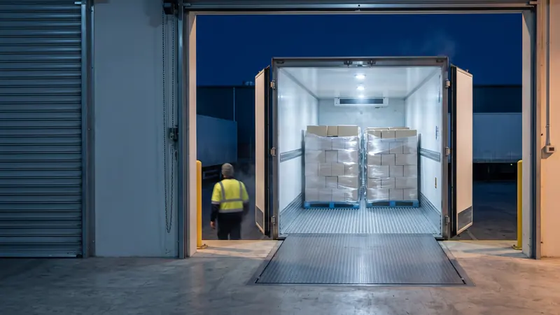 Pallets of chilled and frozen freight inside a refrigerated trailer at a loading dock