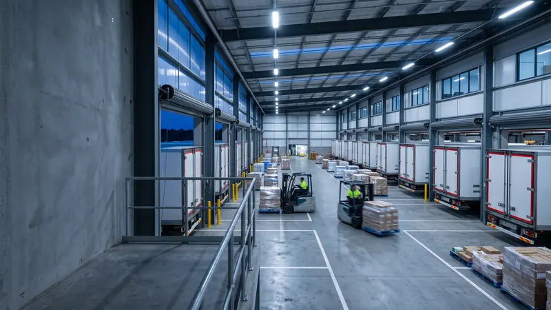 Forklifts moving pallets between refrigerated trailers at a cross-dock