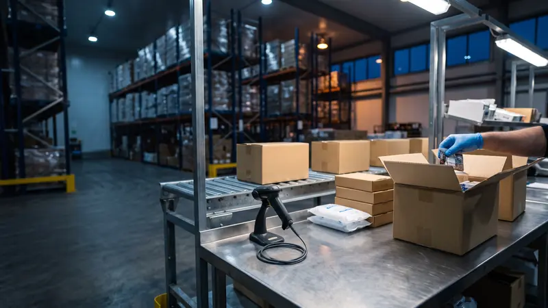 A chilled pick and pack bench with insulated boxes and a barcode scanner