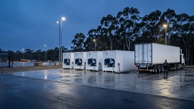 Refrigerated containers and a refrigerated trailer parked in a depot yard