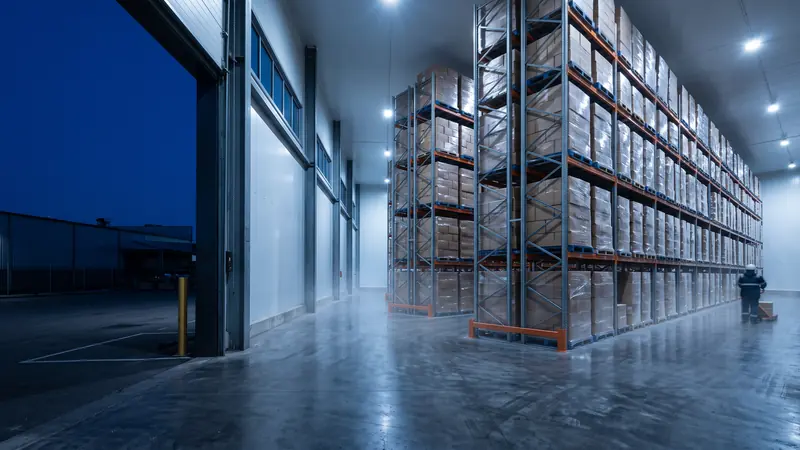 Tall pallet racking in the aisle of a refrigerated warehouse