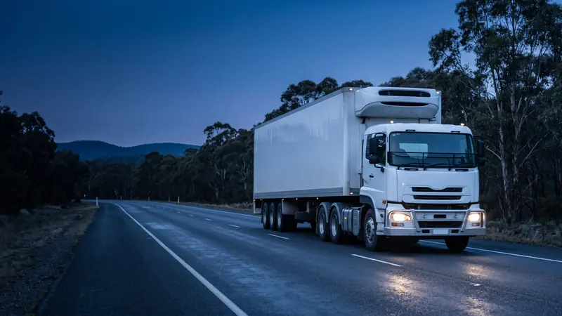A white refrigerated semi-trailer on an Australian highway at dusk